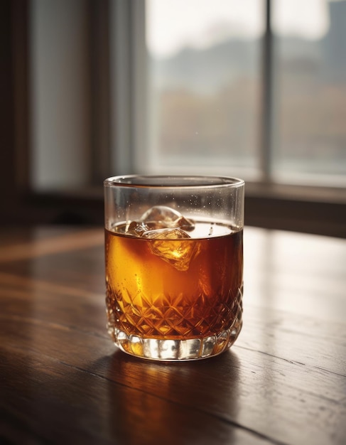 a glass of whiskey sits on a table with a window behind it