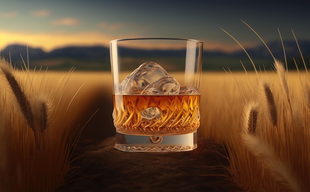 A glass of whiskey on a table in a wheat field. ai generated