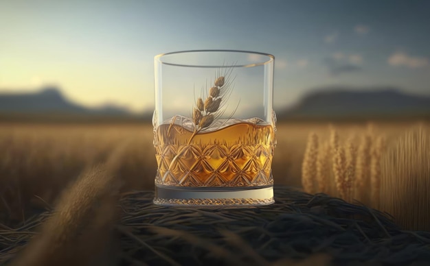 A glass of whiskey on a table in a wheat field. ai generated