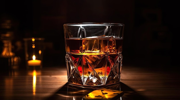 A glass of whiskey on a table with a dark background