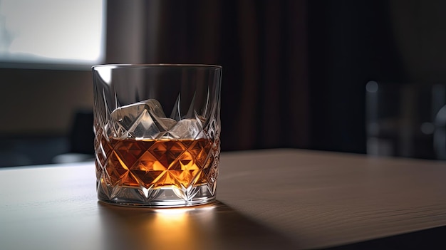 A glass of whiskey on a table with a dark background