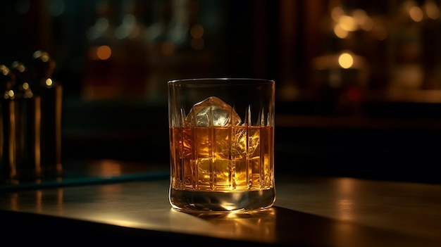 A glass of whiskey on a table with a dark background