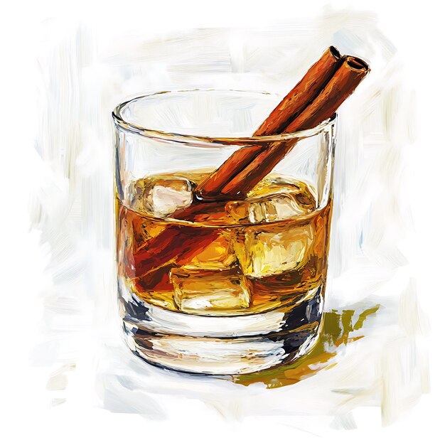 Glass of whiskey with cinnamon sticks on ice painted in oil