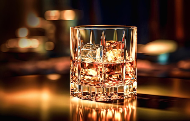 Glass of whiskey with ice cubes on a bar counter in a nightclub