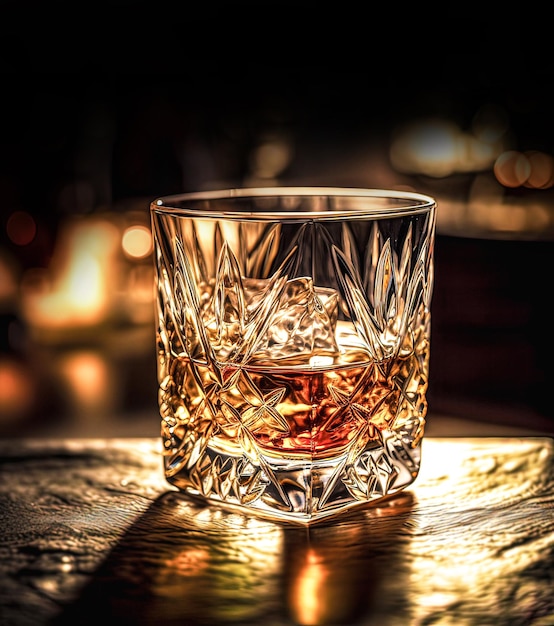 Glass of whiskey with ice cubes on a bar counter in a nightclub