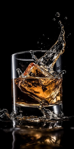 A glass of whiskey with ice cubes and a black background