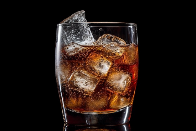 A glass of whiskey with ice cubes on a black background