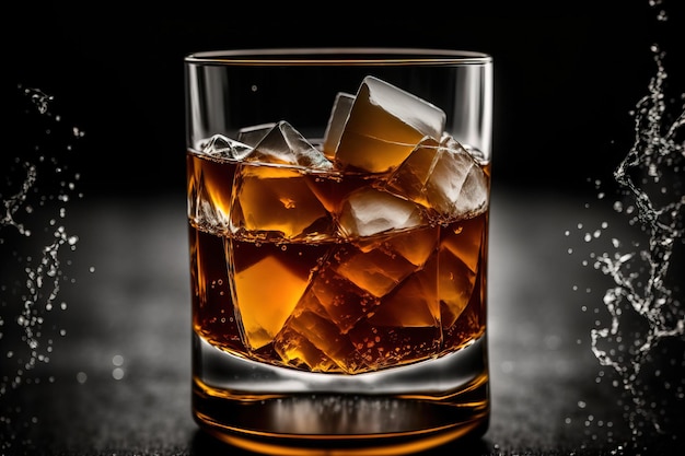 A glass of whiskey with ice cubes on a table