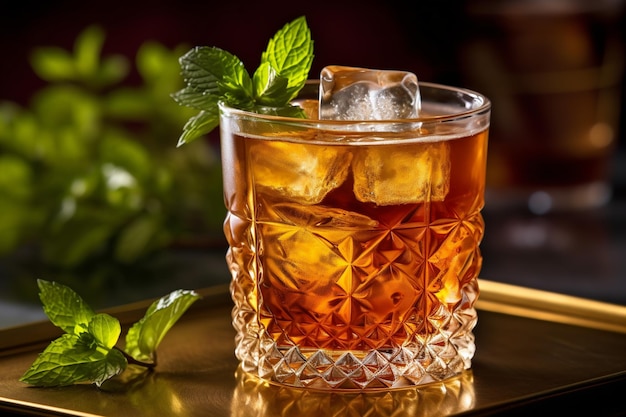 A glass of whiskey with ice cubes on a tray.