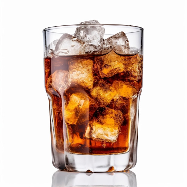 A glass of whiskey with ice cubes on a white background