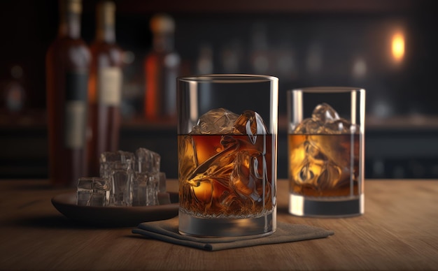 A glass of whiskey with ice cubes on a wooden table. ai generated