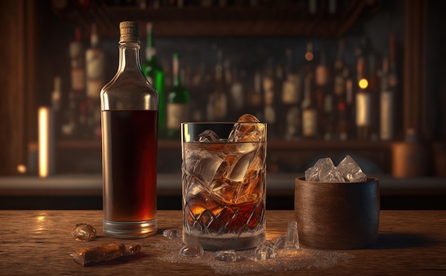 A glass of whiskey with ice cubes on a wooden table. ai generated