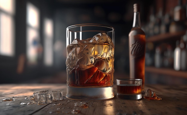 A glass of whiskey with ice cubes on a wooden table. ai generated