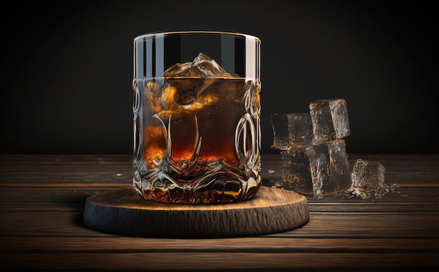 A glass of whiskey with ice cubes on a wooden table. ai generated