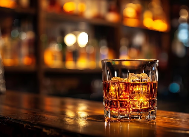 Glass of whiskey with ice cubes on a wooden table in the bar