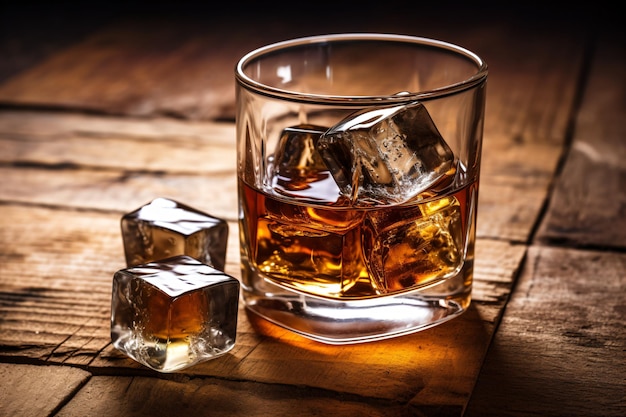 a glass of whiskey with ice cubes on a wooden table