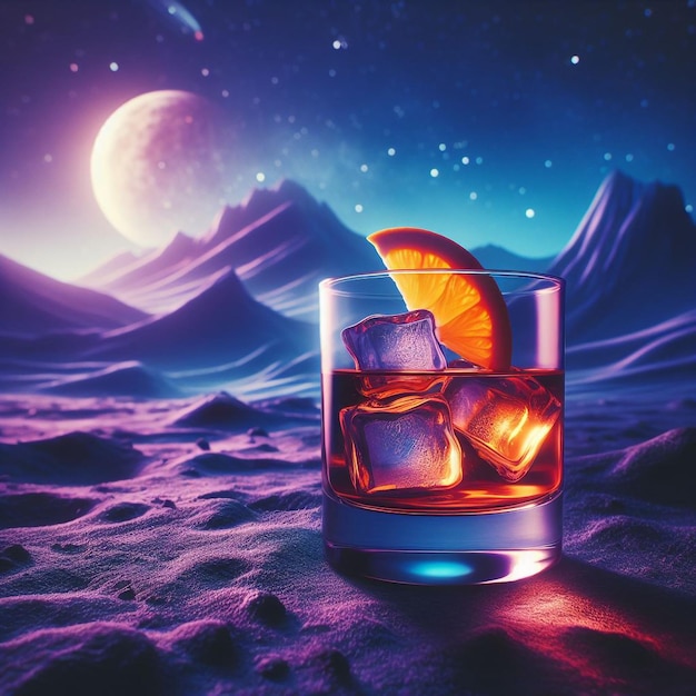 a glass of whiskey with ice and ice in the background