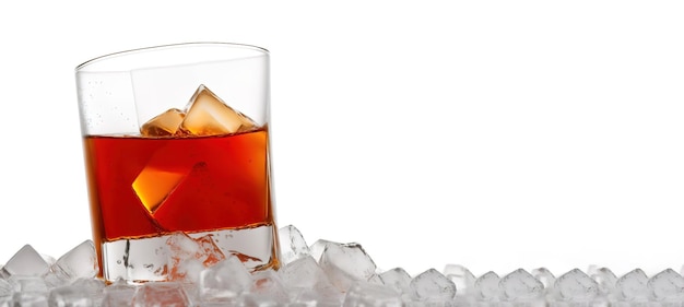 Glass of whiskey with ice on ice cubes on panoramic white background