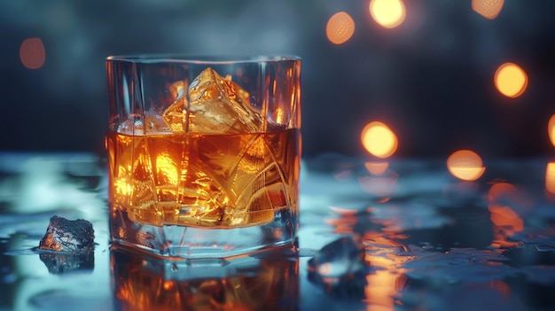 a glass of whiskey with ice and ice in it