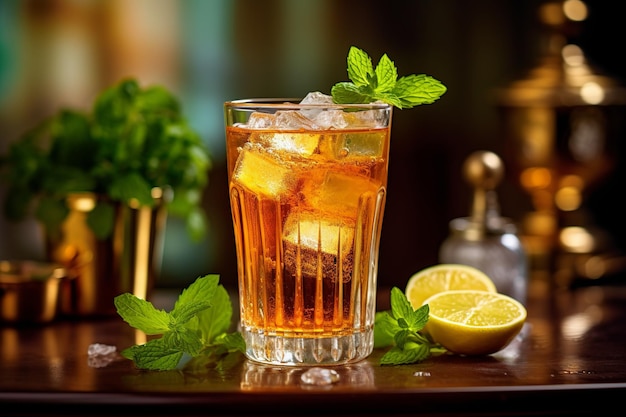 A glass of whiskey with ice and lemons on a bar.