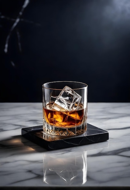 A glass of whiskey with ice on a marble countertop with a dark blurred background