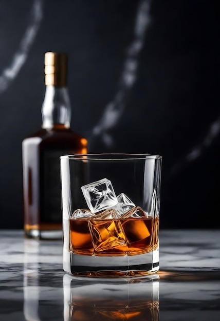 A glass of whiskey with ice on a marble countertop with a dark blurred background