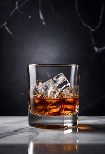 A glass of whiskey with ice on a marble countertop with a dark blurred background