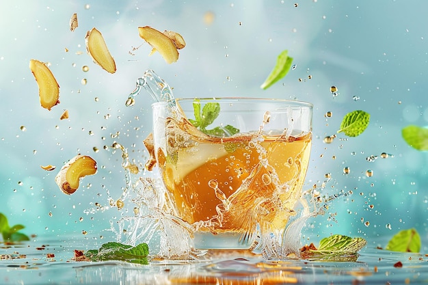 a glass of whiskey with ice and mint leaves