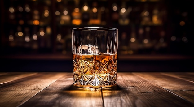 glass of whiskey with ice on the slatted wooden table generat IA