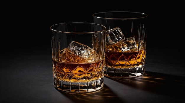 a glass of whiskey with ice on the top on a black background