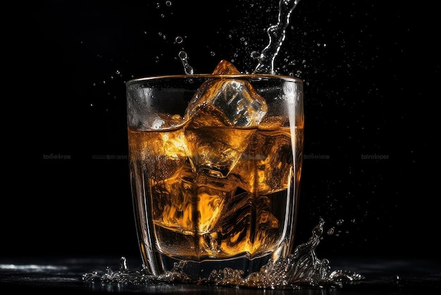 A glass of whiskey with ice and water splashing around it.