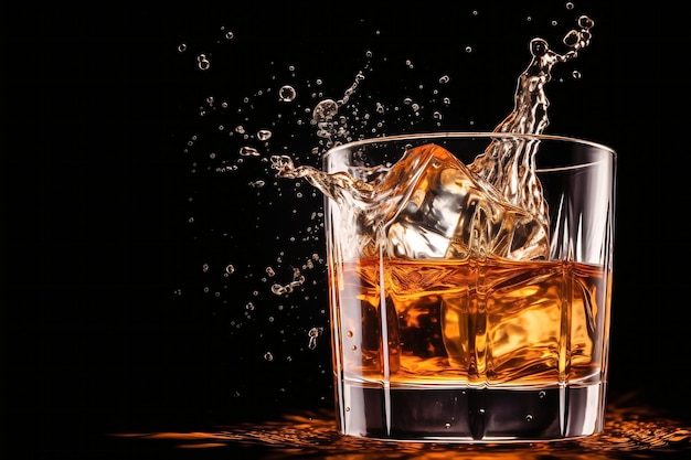 Glass of whiskey with ice with splashes Black background Splashes and drops of whiskey fly from the glass in different directions