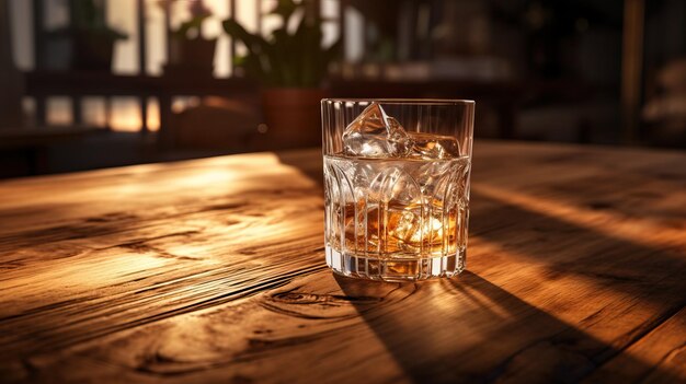 Photo a glass of whiskey with ice on a wooden table