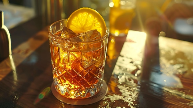 a glass of whiskey with a slice of lemon on the top