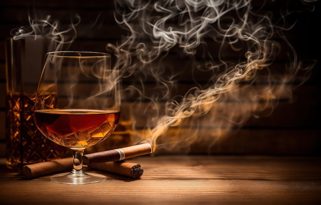 Glass of whiskey with a smoking cigar on a wooden background Generative AI