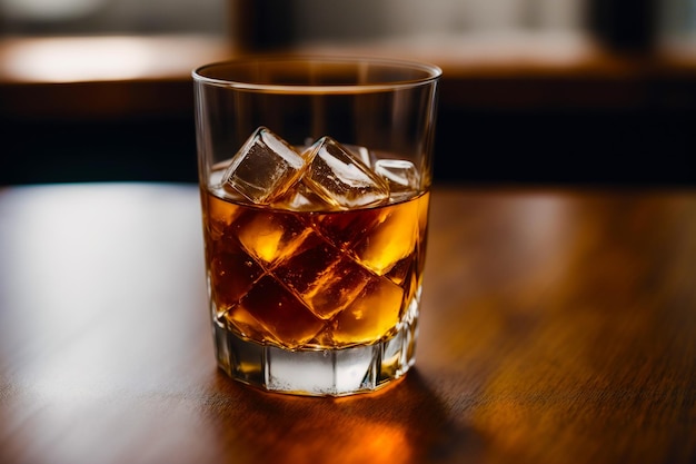 A glass of whiskey on a wooden table with ice cubes