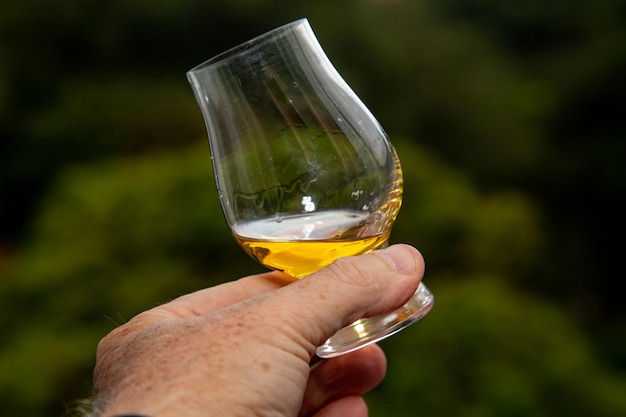 A glass of whisky sits on a wooden table with a green background.