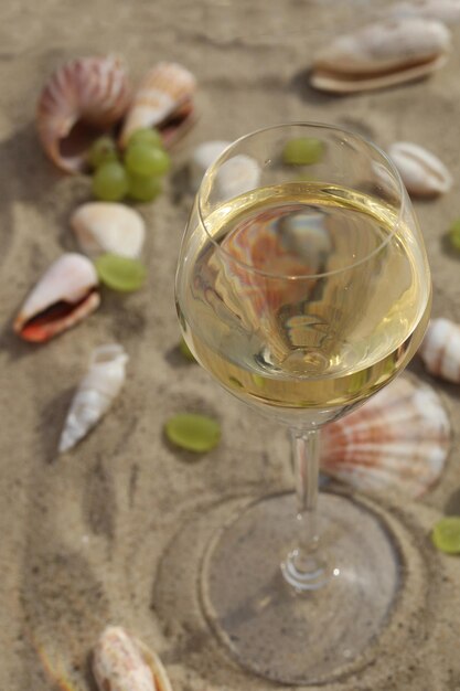 glass of white wine on sand as background with shells