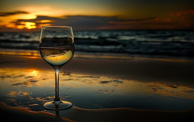 Glass of white wine on the sand near the sea at sunset