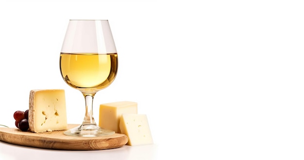 Glass of white wine with grapes and cheese on white with space for text Design for cover menu