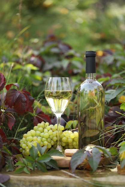 glass of white wine on wooden background with grape