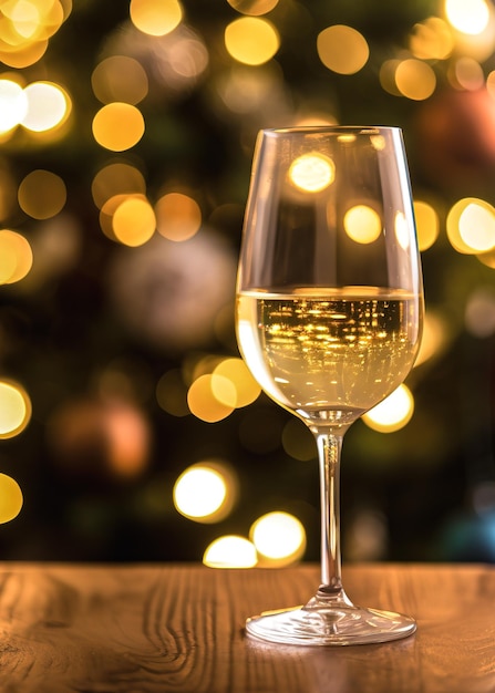 Glass of white wine on a wooden table with bokeh lights background