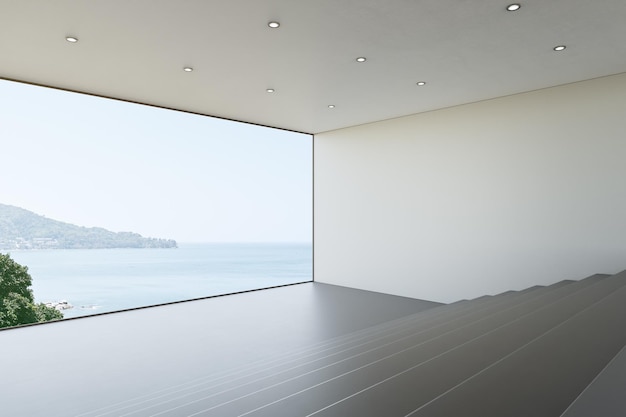 Glass window near blank wall on empty concrete floor of living room in modern house or luxury hotel.