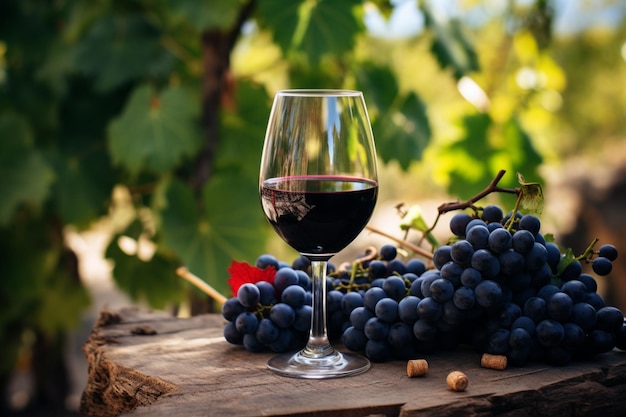 Glass of wine against the backdrop of a vineyard high quality photo