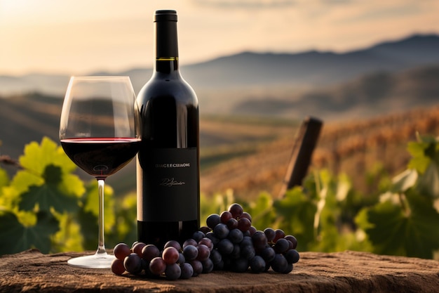 Glass of wine against the backdrop of a vineyard high quality photo