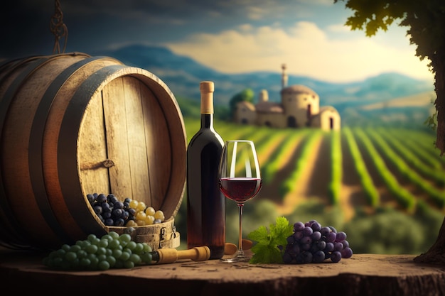 Glass of wine and barrel of grapes in front of vineyard Generative AI