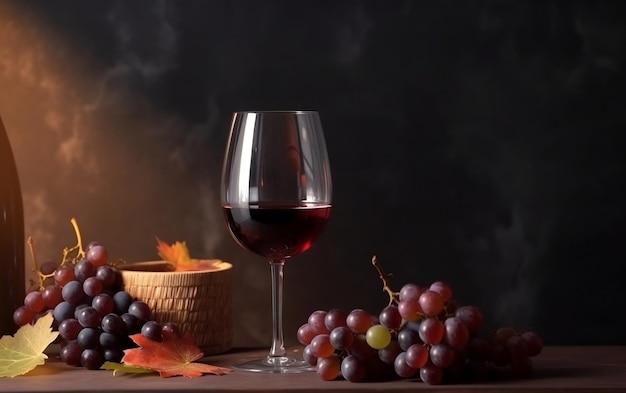 A glass of wine and a basket of grapes on a dark background.