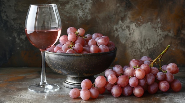 a glass of wine next to a bowl of grapes