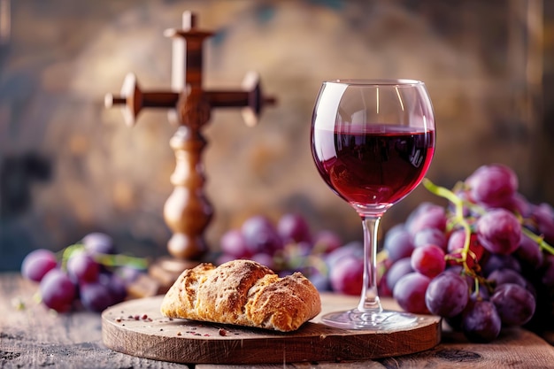 A glass of wine and bread for communion in the church near the cross