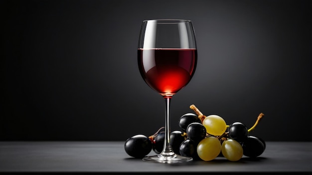 a glass of wine next to a bunch of grapes and a black background